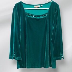 Quaker Factory Teal Velvet Square Neck Embellished Long Sleeve Top Plus Size L